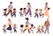 Parents with children walk set. Moms and dads hold hands and accompany kids to school, pupils with adults going class