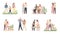 Parents and children. Young family with little baby, pregnant mom and father with son vector illustration set