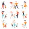 Parents dancing with their children set, kids having good time with their dads and moms vector Illustrations on a white