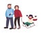 Parents drawing sled with their son. Mother, father and child having fun outdoors together. Winter leisure activity