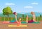 Parents with girl kid does yoga various exercises. Family yoga vector illustration.