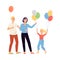 Parents giving balloons to their daughter, flat vector illustration isolated.