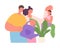 Parents grow child. Family care and live, happy daughter sit in flower pot on plant, mother and father watering her