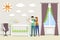 Parents holding baby and standing in baby room vector flat illustration. Parenting, togetherness.