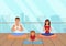 Parents with kid does yoga various exercises. Family yoga vector illustration.