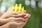 Parents and kid holding cutout of family in hands outdoors, closeup