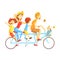 Parents And Kids On Triple Seat Bicycle Riding Outdoors In Summer, Happy Loving Families With Kids Spending Weekend