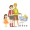 Parents And Little Daughter Shopping For Groceries In Supermarket, Illustration From Happy Loving Families Series