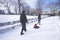 Parents pull child in sled in Central park, Manhattan, New York City, NY after winter snow