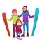 Parents skiers with daughter in snow mountains. Family Man, woman and girl winter ski leisure vector illustration.