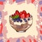 Parfait dessert with granola, blueberry, strawberry and yogurt sketch style image. Hand drawn vector illustration. Isolated menu
