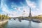 Paris aerial panorama with river Seine and Eiffel tower, France. Romantic summer acation destination. Panoramic view