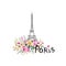 Paris background. Floral Paris sign with flowers, Eiffel tower.