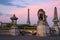 Paris cityscape with Eiffel Tower and Lions on Alexandre Bridge