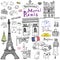 Paris doodles elements. Hand drawn set with eiffel tower bred cafe, taxi triumf arch, Notre Dame cathedral, facion elements, cat