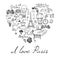 Paris doodles elements. Hand drawn set withefel tower bred cafe flowers and bicycle. Drawing doodle collection, in heart shape, is