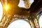 Paris, Eiffel Tower with Bright Sun. Wide Angle View from Below