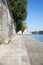 Paris, empty Seine river docks with steps in a sunny day in France