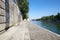 Paris, empty Seine river docks, wide angle view in a sunny day in France