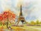 Paris European city. France, eiffel tower watercolor painting.