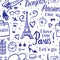 Paris Fashion sketch seamless pattern with lettering, type elements parisian chic. Vector blue handdrawn on white background.