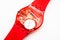 Paris, France 07.10.2020 - Swatch quartz red watch back case battery compartmen