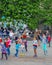 Paris, France, June 2019: Children enjoying bubbles show on the Place de l`Hotel de Ville