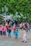 Paris, France, June 2019: Children enjoying bubbles show on the Place de l`Hotel de Ville