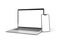 PARIS - France - March 15, 2023: Newly released Apple Macbook Air and Iphone 14, Silver color. Side view. 3d rendering laptop