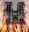 Paris, France, March 27, 2017: The western facade of catholic cathedral Notre-Dame de Paris in fire. Photo manipulated