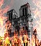 Paris, France, March 27, 2017: The western facade of catholic cathedral Notre-Dame de Paris in fire. Photo manipulated