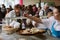 PARIS, FRANCE - MAY 20, 2017: Blur image of  annual bread festival at Notre Dame Cathedral.  Freshly baked baguettes and boules on