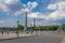PARIS, FRANCE - MAY 25, 2019: Luxor Egyptian Obelisk at the center of Place de la Concorde against the background of the eiffel