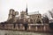Paris, France, Notre Dame de Paris facade, city panorama with river view