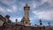 Paris, France, OCTOBER 2019 - Tilt up gimbal approach shot of statue monument on Alexander Bridge over Seine River