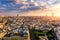 Paris, France, Seine river cityscape in summer colors with birds flying over the city. Paris city aerial panoramic view. Paris is