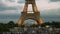 PARIS, FRANCE- SEPTEMBER 20, 2015: nighttime close up shot of the base of the eiffel tower, paris