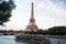 Paris, France - September 29, 2017: boat trip on Seine river. Eiffel tower. Iconic landmark. Water tour. Sightseeing