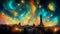 Paris galaxy night landscape. 3d colorful background. Painting digital art