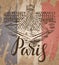 Paris label with hand drawn the Louvre, lettering Paris and french flag