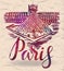 Paris label with hand drawn the Louvre, lettering Paris with watercolor fill