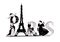 Paris lettering decorated with fashion dresses, hats and shoes.