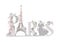 Paris lettering decorated with flowers, fashion dresses, hats and shoes.