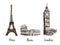 Paris, London Rome. Set of European capitals symbols. Eiffel tower, Coliseum, Big Ben
