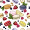 Paris macaron pattern. Seamless print with colorful French dessert of almond flour and different flavors. Fruits and
