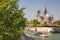 Paris, Notre Dame cathedral with boat on Seine in France