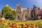 Paris, Notre Dame cathedral with spring flowers in France