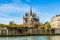 Paris Notre Dame Cathedral view of the 19th-century spire of  by Eugene Viollet-le-Duc made of oak covered with lead, destroyed in