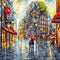 Paris romantic lovers walking in rainy street in painting style