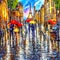 Paris romantic lovers walking in rainy street in painting style